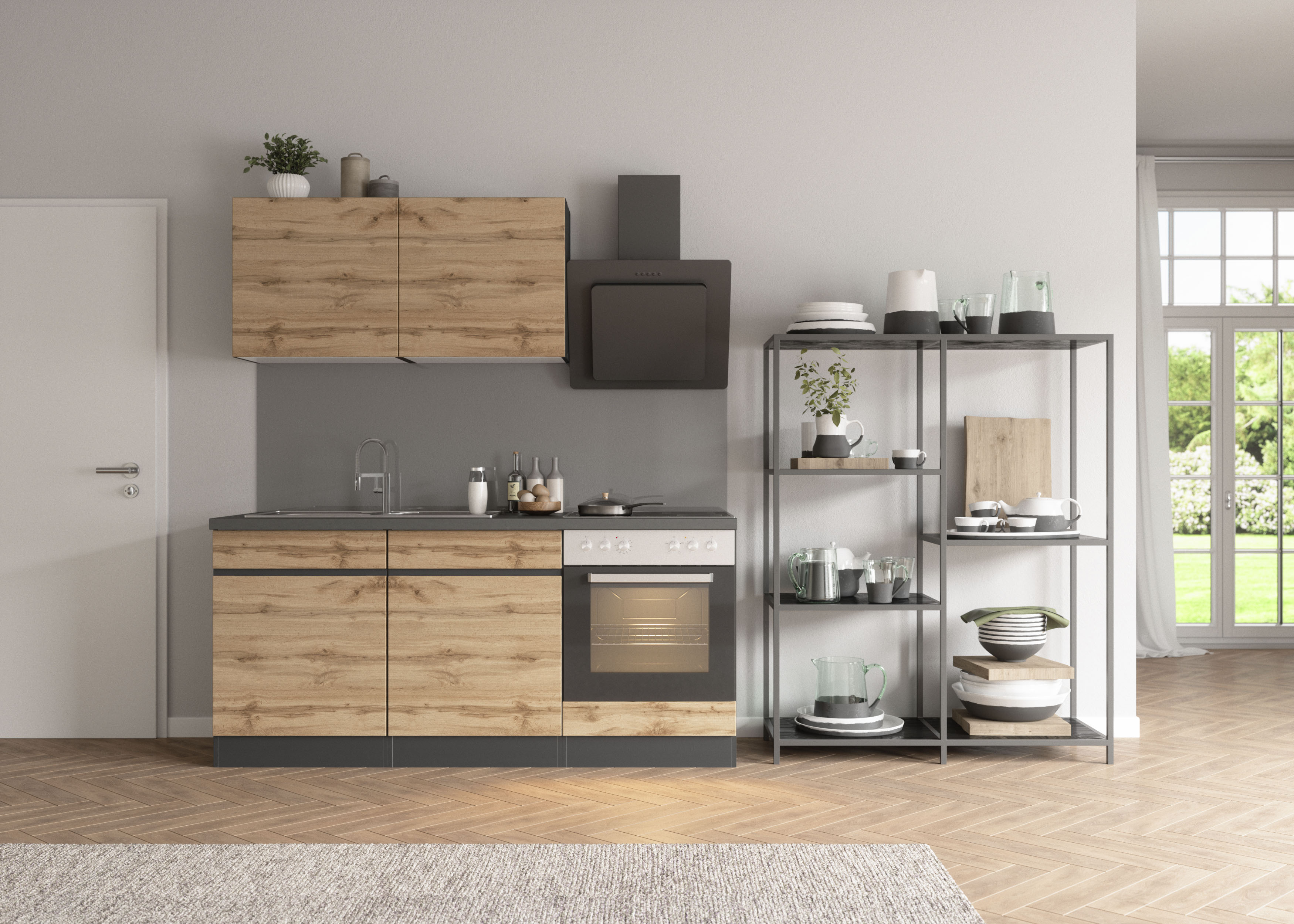 Küchenzeile KOCHSTATION "KS-Riesa", grau (küche: natur, front: wotaneiche, korpus: grafitgrau, arbeitsplatte: betongrau), B:180cm H:200cm T:60cm, Komplettküchen-Sets, Küchenzeile, Stellbreite 180 cm, wahlweise mit oder ohne E-Geräte küche: natur, front: w