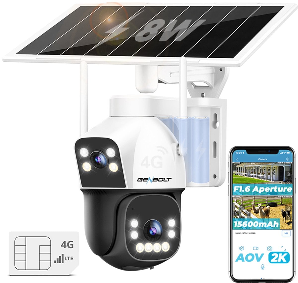 GENBOLT 4G Solar Beveiligingscamera voor Buiten met Zonnepaneel, 3MP Dual Lens, AI-detectie en 24/7 AOV, Geen WiFi nodig