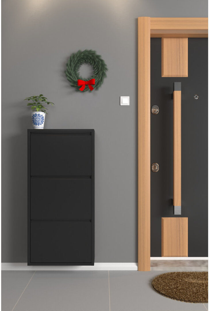 Latitude Run Thara 6 Pair Shoe Storage Metal Cabinet - Tilt-Drawer Wall-Mount Slim Design Black 6