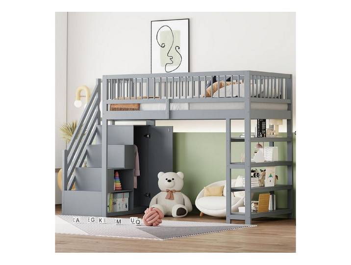 LuxusKollektion Kinderbett Kinderhochbett Grau 90x200 mit Stauraum