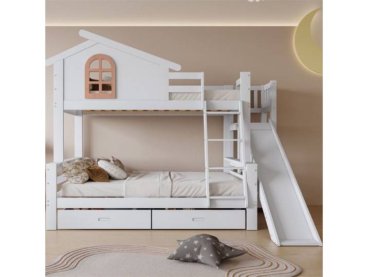 DRIPEX Lit Superposé avec toboggan fenêtres caractéristiques et deux tiroirs lit d'enfant avec escalierBlanc 90x200cm et 120x200cm
