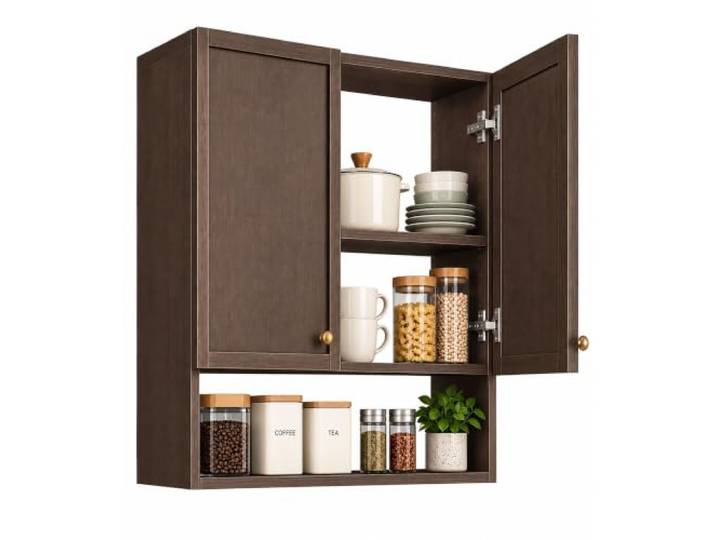 2-Etagen-Wandschrank mit Offener Ablage, Küchen-Aufbewahrungsorganizer Aluminium, Soft-Close-Scharniere, für Kaffeebar, Gewürze, Geschirr, Vorratskammer und Esszimmer(24in/60cm)