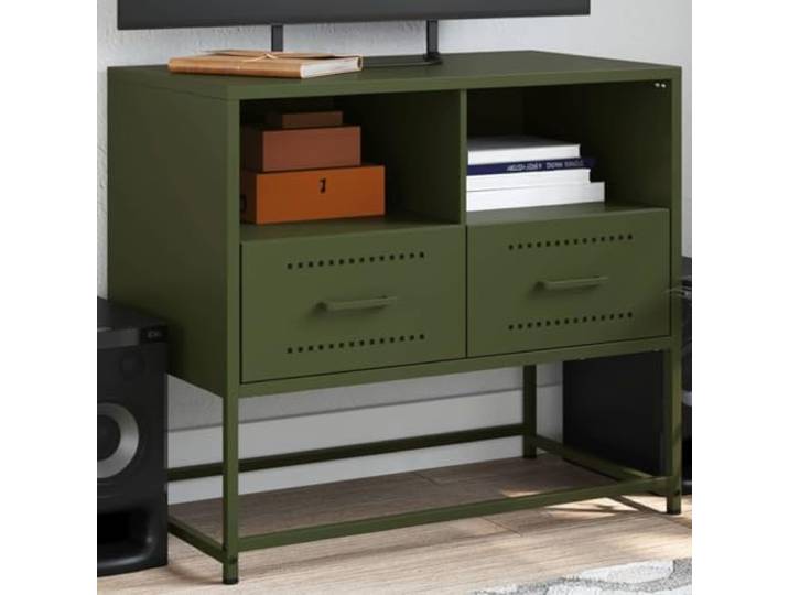 HEFZGDB TV-Schrank Olivgrün 68x39x60,5 cm Stahl mit 2 offenen Fächern und 2 Schubladen Industrie-Stil Möbel Stauraum Wohnzimmer Schlafzimmer robust stabil langlebig