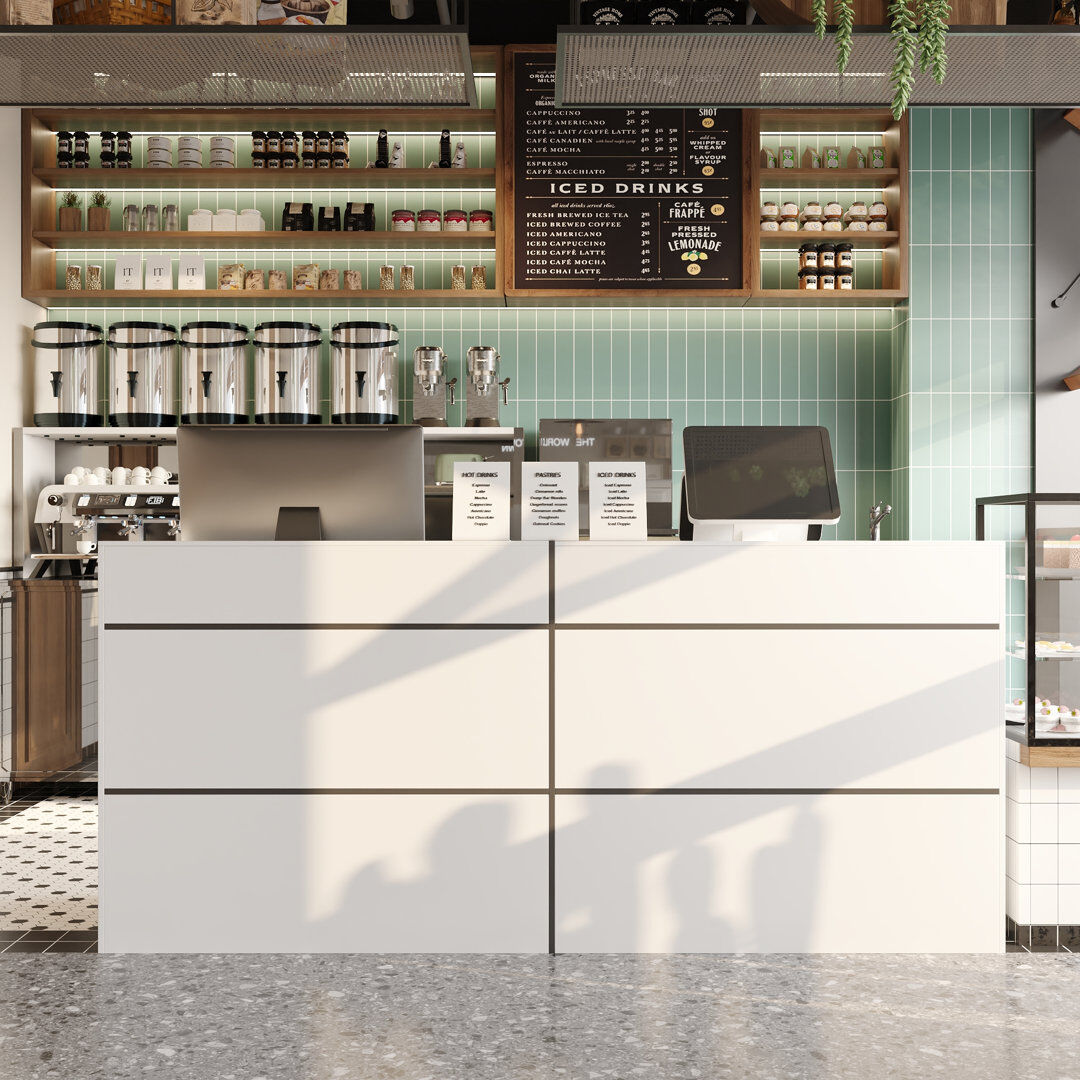 Metro 220cm 2-Person Reception Desk, White Office Counter with 2 Drawers, Shelves & Black Accents
