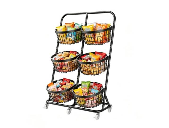 Dexinhdh Snack-Organizer-Ständer, Obstkorb, Gemüseständer mit Rollen Metall-Verkaufsregale für Laden, Supermarkt, Küche, Wohnzimmer, Schlafzimmer(Black,C)