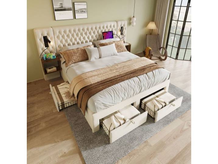 Lit Double - AUTREMENT - 160x200 cm - Vintage - 2 Tables de Nuit - 4 Tiroirs - USB