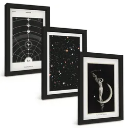BILDER SET 3er Set - 20x30 cm Schwarzer Rahmen - Nachtdarstellung des Sonnensystems