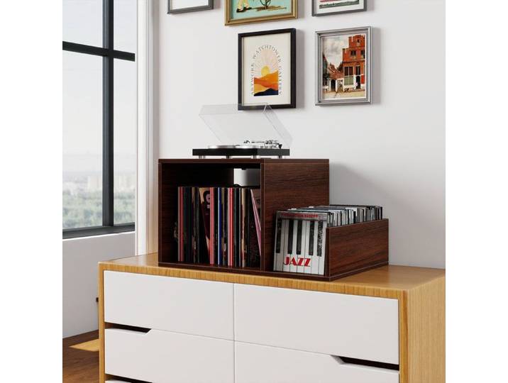 Meuble vinyles marron avec rangement pour 145 disques séparateurs amovibles et station de recharge pour salon et chambre