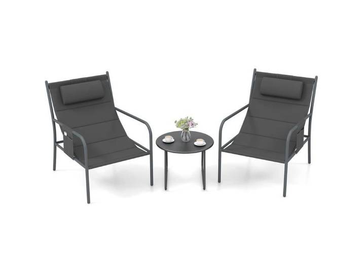 COSTWAY Ensemble Meuble de Bistro 3 Pièces Ensemble Chaises de Jardin en Métal et Table Basse Tissu Respirant et Appui-Tête