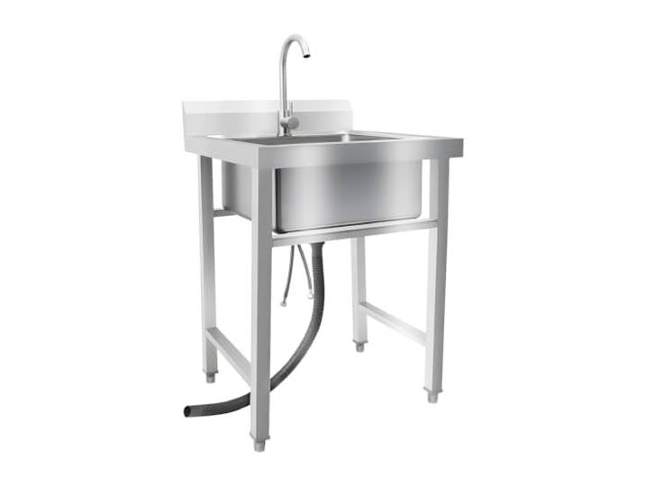 Freistehende EdelstahlspüLe, 93 x 60 x 60CM 150KG Maximale Tragkraft Seitige Aufkantung Gastro Waschbecken EinzelspüLe mit 360°-Drehwasserhahn Abflussrohr für Hotel Restaurant Wäscherei Restaurant
