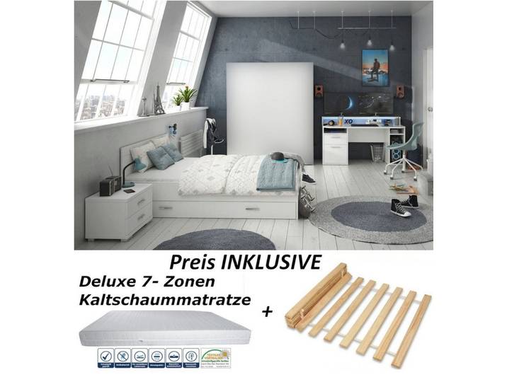 möbel-direkt.de Jugendzimmer-Set Gamingzimmer Tezaur Snow in Weiß mit Tiefziehfronten, (Komplett Set, 6-tlg., in verschiedenen Varianten wählbar), RGB- LED- Beleuchtung, ABS- Kanten, Bett mit Bettschubkasten