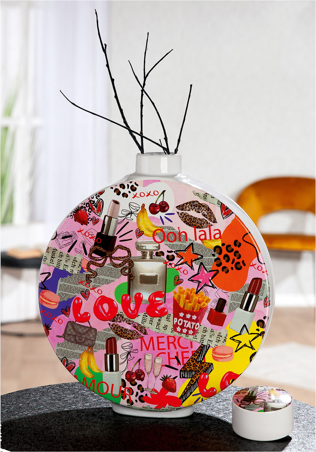 Tischvase GILDE "Deckelvase OOH LALA", bunt (mehrfarbig), B:29cm H:34,5cm T:7,5cm, Keramik, Vasen, Tischvase mehrfarbig B/H/T: 29cm x 34,5cm x 7,5cm