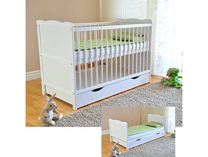 Marsell Baby Gitterbett mit Schublade mit Deckel Babybett Kinderbett mit Aloe Vera Schaumstoffmatratze Zahnschienen höhenverstellbar Weiß umbaubar zum Juniorbett