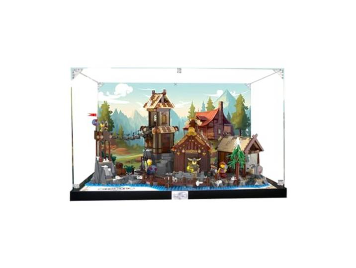 HALFS Acryl-Vitrine für Lego Ideas 21343 – Wikingerdorf, staubdichte Displaybox, kompatibles Lego, Modell-Schaukasten-Geschenk (Hintergrund B, 49 x 30 x 32 cm, klar, Kunststoff)