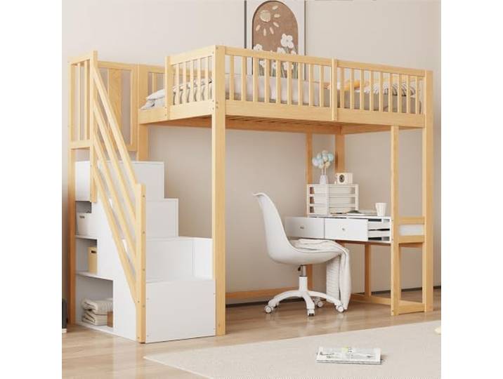 Merax Hochbett 90x200 cm mit Schreibtisch, Multifunktionales Hochbett für 1 Person mit Treppenregal, Weiß und Holz (ohne Matratze)