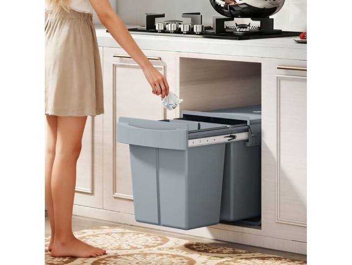 Poubelle coulissante encastrable sous meuble 40 L 2 bacs amovibles de 20 L gris métal et plastique