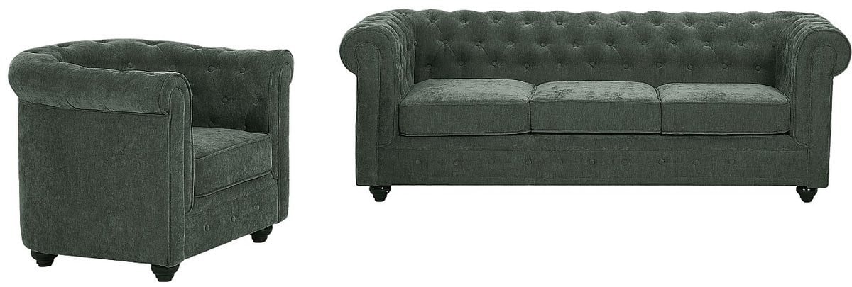 Chesterfield driezitsbank in groene stof met afneembare hoezen