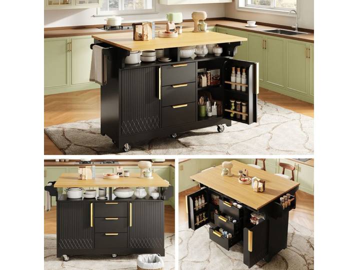 Ilot de cuisine 120-197x40x95cm avec extensions rabattables et 3 tiroirs noir