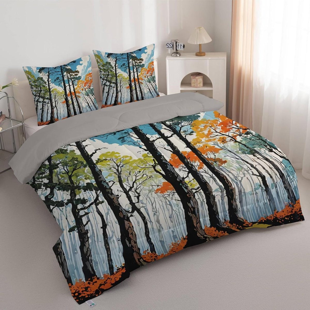 Omkeerbaar Dekbedovertrek Forest met Natuurprint - Blauw Grijs - 135 x 200 cm