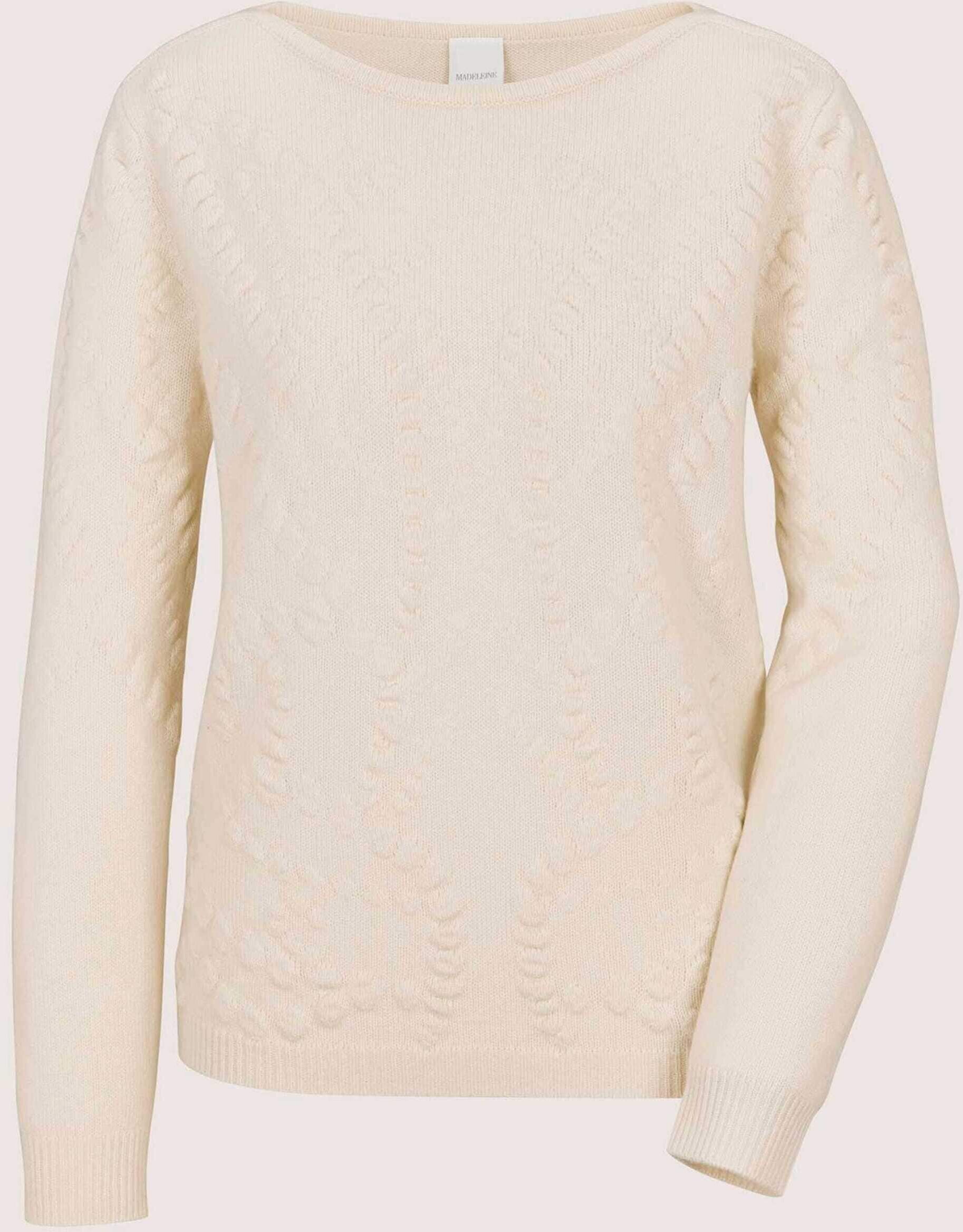 Longpullover MADELEINE "Pullover Kaschmirpullover mit Strukturstrick", Damen, Gr. 36/38, wollweiß, Modern, regular fit, Pullover Longpullover