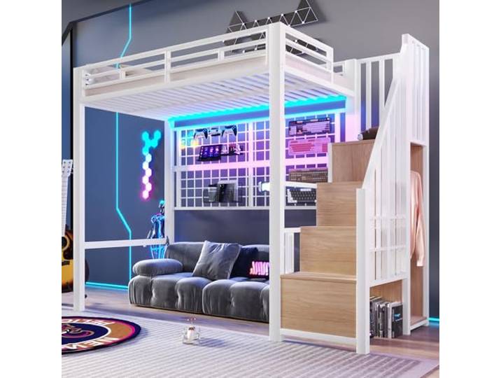 Merax Hochbett 90x200 cm Metallbett mit Treppenregal & Schrank, Platzsparendes Jugendbett mit LED-Beleuchtung, Gitterwand und offener Raum, Multifunktionales Bettgestell (ohne Matratze), Weiß