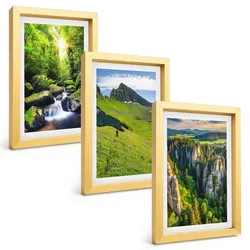 BILDER SET 3er Set - 20x30 cm Goldrahmen - Grüne Berge Wasserfallwald