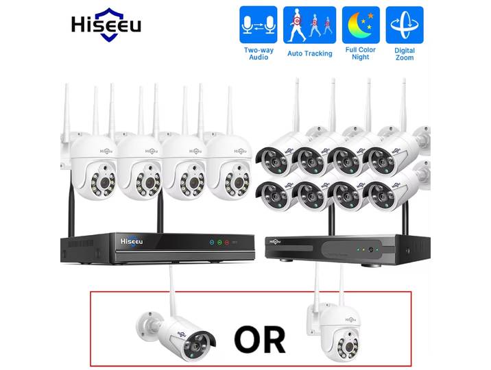 Système de surveillance CCTV sans fil Hiseeu H.265+ 10CH NVR avec caméra extérieure, kit de caméra IP PTZ WIFI 3/5MP, caméra de sécurité de type bullet