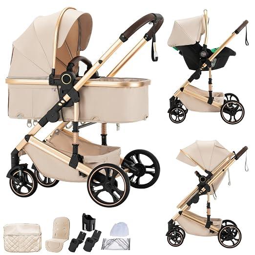 Kinderwagen KombiKinderwagen-Set 2-in-1 Buggy faltbar Luxus Hochlandschaft Neugeborenes Tragbarer Zusammenklappbarer Kinderwagen Travel System (H9-BEIGE, H9 Eintastfalten)