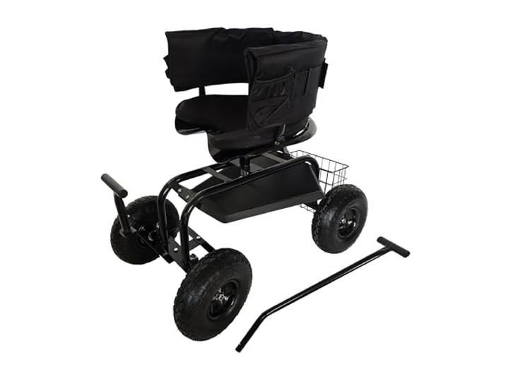 Relaxdays Siège de Jardin Roulant\, Hauteur réglable\, 150 kg\, Rangement\, Guidon\, Coussin\, Dossier\, Chariot de Jardin Noir