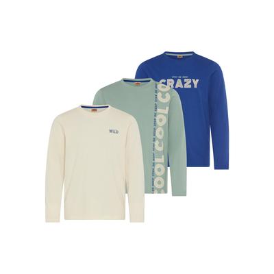 Langarmshirt SCOUT "3er Packung Shirt mit coolen Sprüche-Prints - NEU von SCOUT", Jungen, Gr. 116/122, bunt (blau, beige, mintgrün), Single Jersey, Obermaterial: 100% Baumwolle, bedruckt, Basic, Rundhals, Shirts Langarmshirt, 3 Langarmshirts mit...