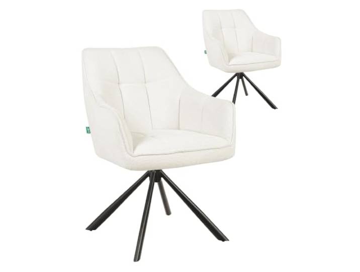 Thomas-MIRA 2er Set Esszimmerstühle – Polsterstuhl mit Taschenfederkern & Armlehne – 360° Drehbarer Küchenstuhl – Moderner Webstoff Cremeweiß, Stabiles Metallgestell Schwarz, Belastbar bis 150kg