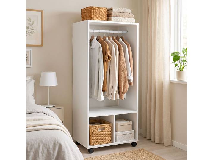 HOMCOM Armoire Blanche Roulettes Rangement 2 Portes Bois