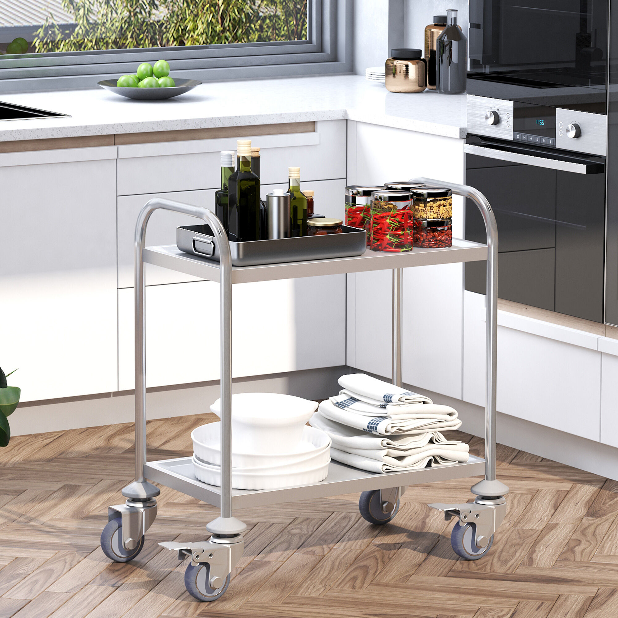 Altro Carrello Cucina 2 Ripiani, Carrello Con Ruote Portatutto, Carrello Portavivande In Acciaio Inox, 80x45x82cm, Argento