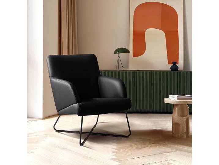Sessel Schwarz Echtleder Mabel ohne Hocker 67 x 87 x 74cm