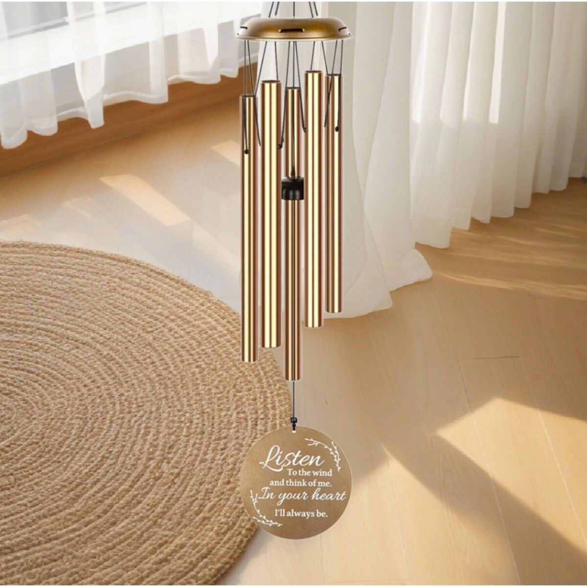 INF Metall-Windspiel – Kiefernholz mit Aluminiumrohr und Eisenhaken für Balkon- und Gartendekor, goldfarbene Optik