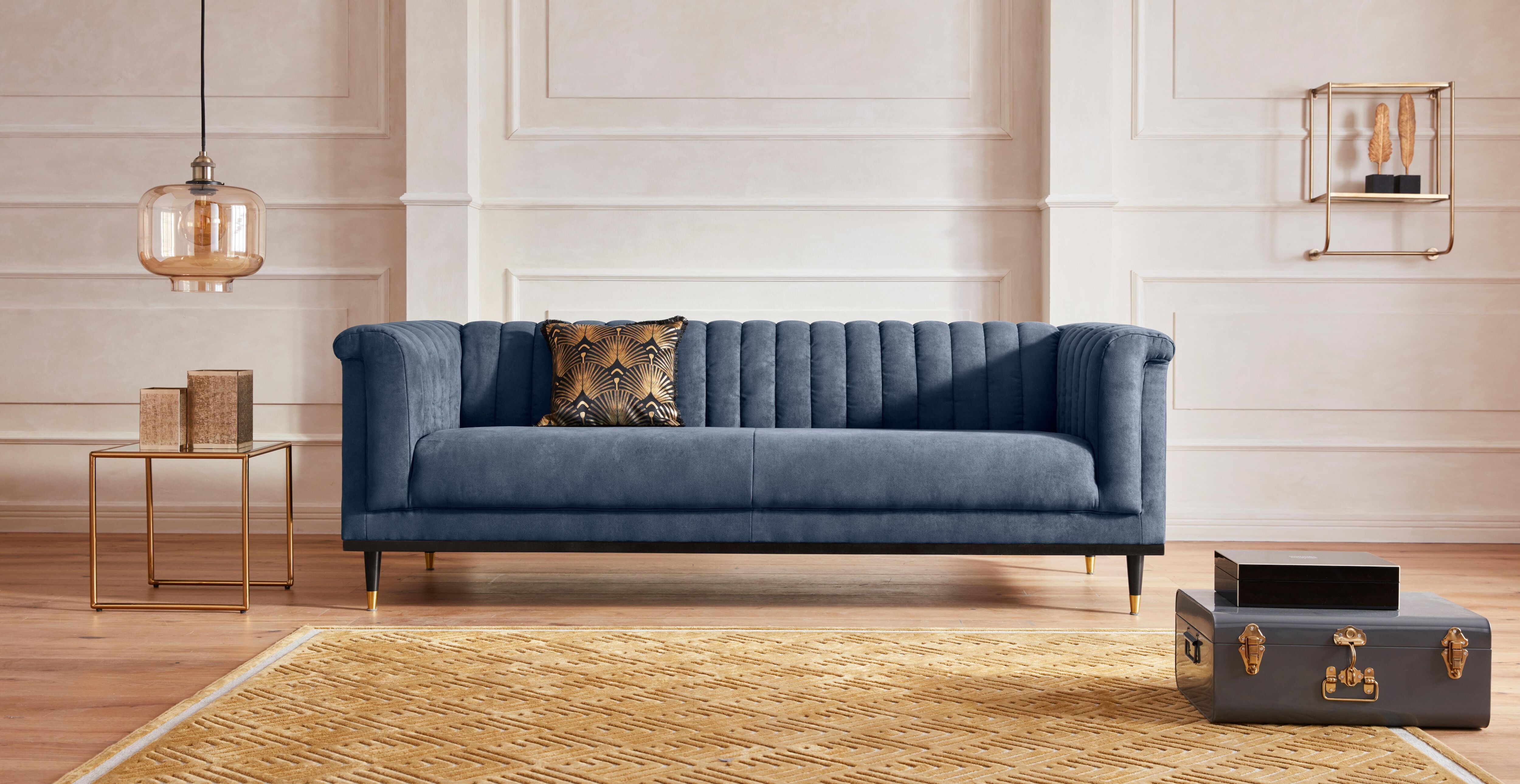 3-Sitzer HOME AFFAIRE "Chamby", blau (dunkelblau), B:210cm H:71cm T:85cm, Luxus-Microfaser Lederoptik (100% Polyester), Scheuertouren: 40.000, Pilling: 4;Samtoptik (100% Polyester), Scheuertouren >100.000, Pilling: 5, Sofas, 3-Sitzer, mit Holzrahmen unten