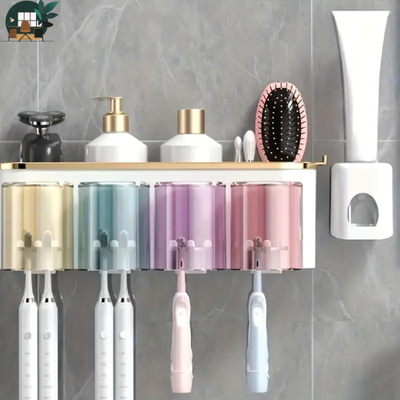 Silver Stone Store Wall mounted Toothbrush Holder With Toothpaste Squeezer Space Saving Organizer Contains 4 Cups + Toothpaste S