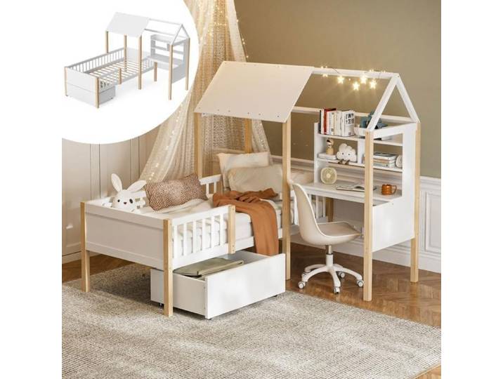 Muvoe Lit combiné enfant 90x200 cm -LumiNest- Lit cabane Protection Bureau Bibliothèque Rangement Sommier inclus Bois Blanc