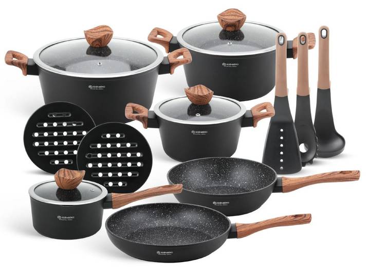 Edenberg Topf-Set Schönes modernes schwarzes Topfset mit Kasserolle, Pfannen, Edelstahl, Keramik, Aluminiumguss (Schöne Töpfe mit einzigartigem Design, 15-tlg., Zeitloses Design des Topfsets. Eine ideale Geschenkidee! Hochwertig)