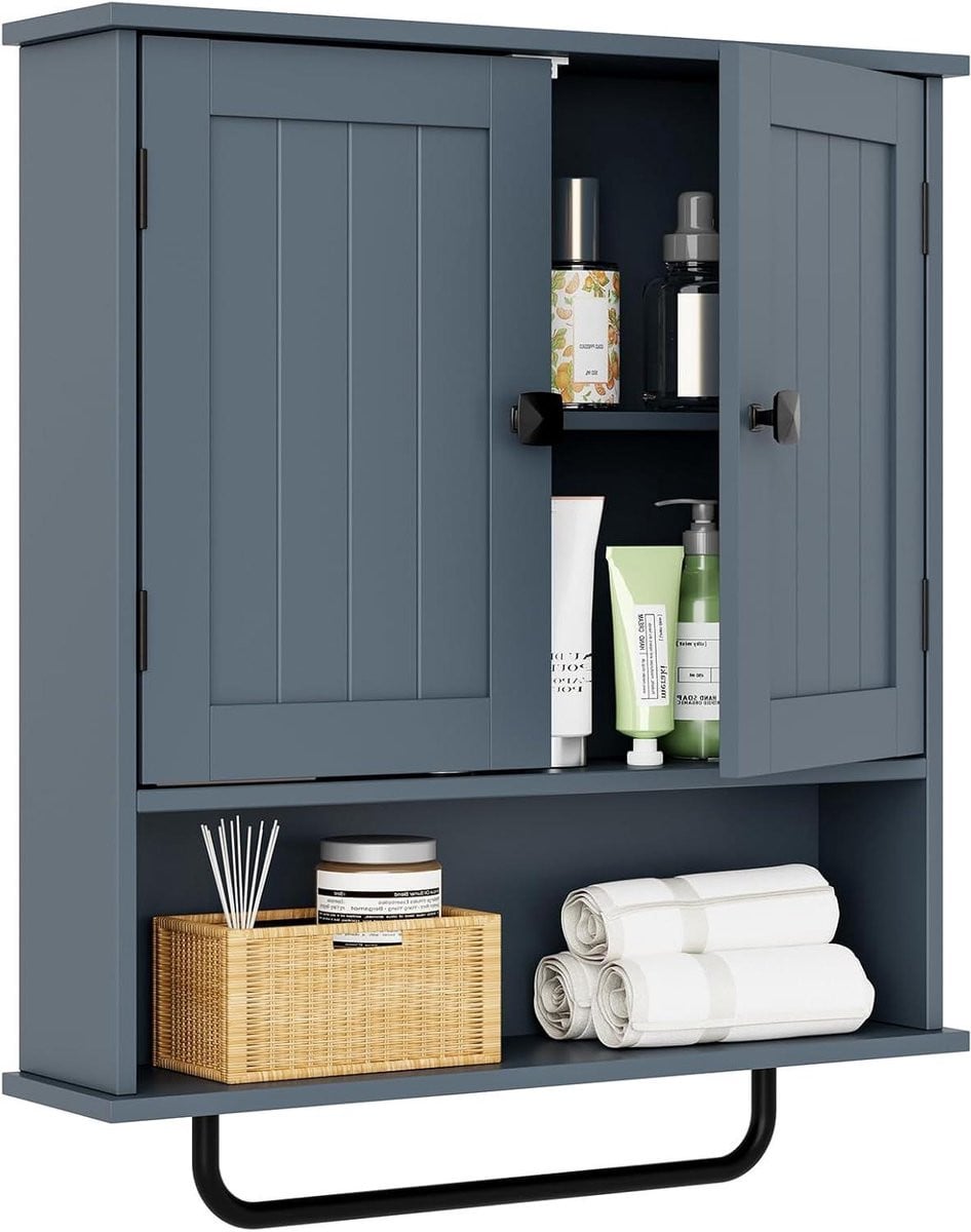 Compacte wandkast voor badkamer, keuken of home office met handdoekstang en verstelbare plank