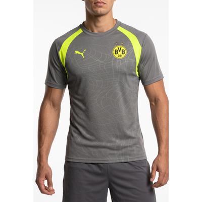 Fußballtrikot PUMA "BVB TRAINING JERSEY", Herren, Gr. S, grau (flat medium gray, gelb alert), Web, Obermaterial: 100% Polyester, gemustert, slim fit normal, Rundhals, Trikots Fußballtrikot, mit sportlichem Stil, Kurzarmdesign, gemusterte Optik, Slim...