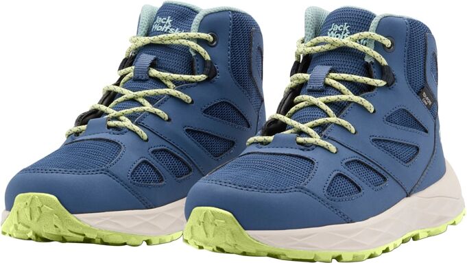 Sneaker JACK WOLFSKIN "WOODLAND 2 TEXAPORE MID K", Jungen, Gr. UK8-EU26, Normalschaft, blau (eveningsky), Obermaterial 1: Synthetik. Obermaterial 2: Textilmaterial. Futter: Polyester, Schuhe Sneaker eveningsky UK8-EU26, Normalschaft