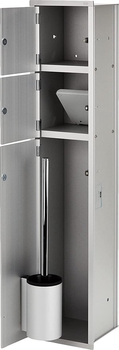 Moderne witte badkamerkast met glanzende aluminium deuren en interne planken