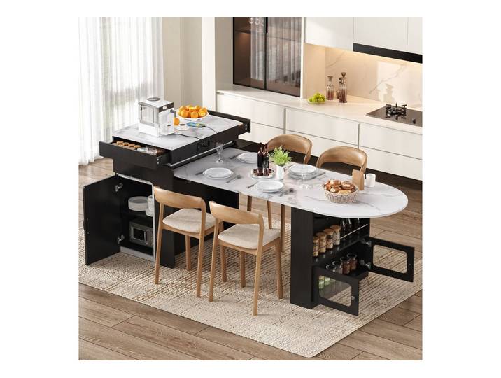 Celya Kücheninsel mit Ausziehbarer Esstisch, Steckdosenleisten und LED-Beleuchtung, Anrichte mit Schubladen, dient als Sideboard oder Bartisch für Küche