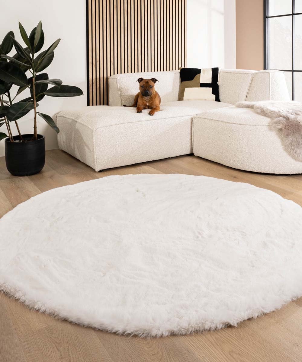 Tapeso Fluffy vloerkleed rond - Comfy Deluxe - Wit - Diameter: 160 cm