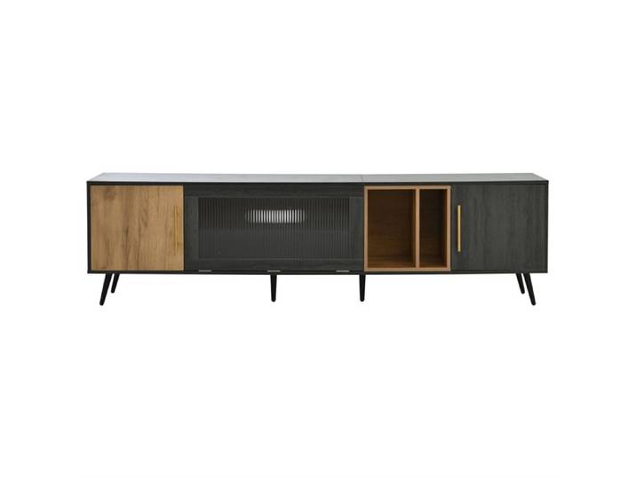 Meuble TV VIVRYN 200 x 40 x 55.5 cm MDF gris et bois foncé 3 portes rangement passe-câbles