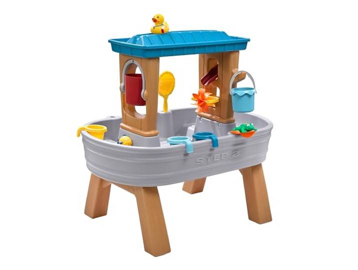 Step2 Rain Showers Splash Tub Wasserspieltisch aus Kunststoff Wassertisch in Grau & Braun für Kinder, Wasserspielzeug mit 13-teiligem Zubehör & Regenduschen Effekt, mit 2 Etagen