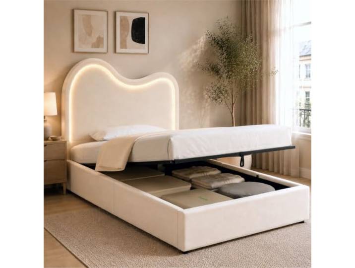 Merax Polsterbett Einzelbett Kinderbett 90x200 cm mit hydraulischem Stauraum, Wolken-Kopfteil, LED & Samt – Beige (Ohne Matratze)