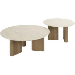 Couchtisch 2er-Set Joradis, Keramik Travertin-Optik, rund, modern, beige, nachhaltiges Design