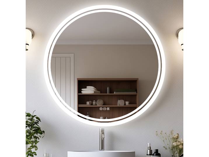 Miroir de salle de bain LED rond 600x600mm, éclairé, à intensité variable, rétroéclairé, miroir mural de vanité, anti-buée, miroir intelligent pour le maquillage et la rasage